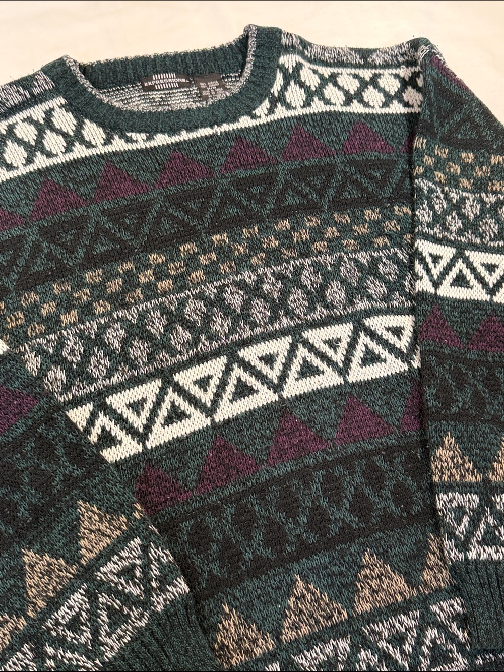 Expressions Vintage 90s Geometric Knit Crewneck Sweater Green M
